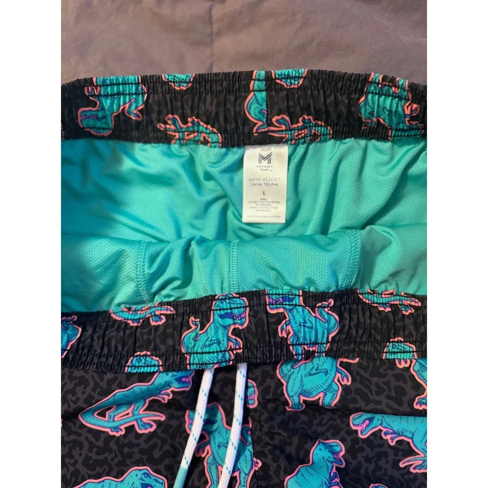 Member's Mark Mens Resort Swim Trunks Black Neon Dinosaur T-Rex Print Large